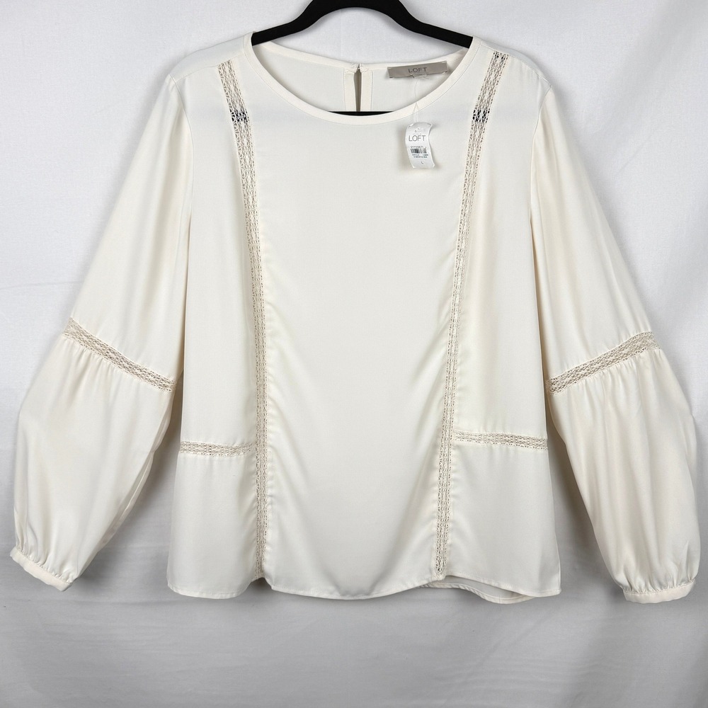 NWT LOFT Ivory Lace Inset Peasant Blouse Balloon Sleeve Jane Birkin Boho L